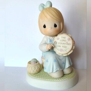 Vintage Precious Moments Embroider Girl Religious Collectible Porcelain Figurine
